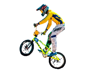 Cyclist performs a stunt in the air during a BMX competition. 