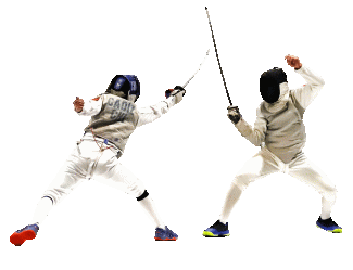 Fencers facing off during a competition. 