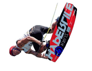 Athlete performs a trick during a wakeboard event. 