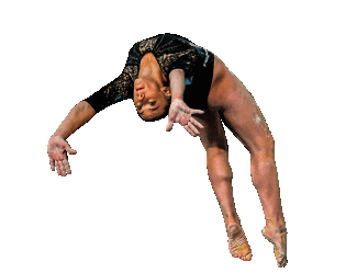 Female gymnast performs an aerial stunt.