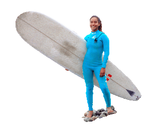 Surfer posing next to her board.