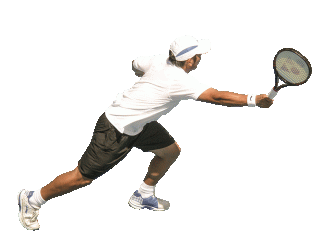Tennis player stretching the arm to hit the ball with his racket. 