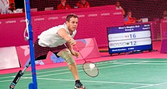 Pedro de Vinatea from Peru defeats Renan Rosso from Brazil in the Lima 2019 individual men’s Para badminton SL3 competition at the National Sports Village – VIDENA.