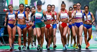 Pan American Games athletes competing in the Lima 2019 race walking event at Parque Kennedy in Miraflores. 