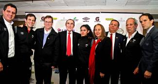 Important sports personalities pose for a photo at the presentation ceremony of the Peruvian delegation for the Lima 2019 Parapan American Games