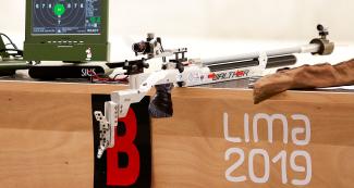An air rifle during the shooting Para sport 10m air rifle prone SH2 competition at Las Palmas Air Base, at Lima 2019