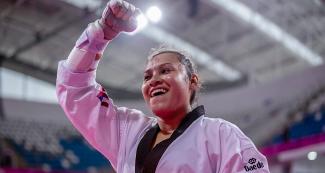 Cuba’s Idalianna Quintero looks happy and full of energy during the women’s K44 +58 kg bronze-medal event in Para taekwondo at the Callao Regional Sports Village.