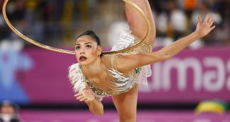 Mexican Ruth Castillo competing in individual rhythmic gymnastics at Villa El Salvador Sports Center at the Lima 2019 Games