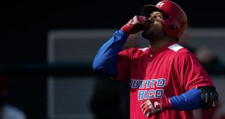 El puertorriqueño Brahiam Maldonado agradece por los esfuerzos de su equipo y salir ganador ante el equipo de beisbol de Canadá, en los Juegos Lima 2019