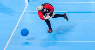 Amy Burke, from Canada, in action during the goalball match against Peru at the Lima 2019 Parapan American Games in the Callao Regional Sports Village