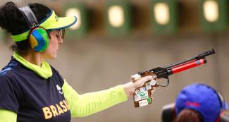 Brazilian Debora Rodriguez competes in shooting Para sport 10m air pistol SH1 at Las Palmas Air Base, at Lima 2019