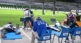 Para athletes of the Americas in shooting Para sport 50 m rifle prone competition at Lima 2019 in the Las Palmas Airbase 