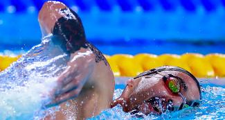 Para nadador brasilero Ruiter Goncalves en el agua en competencia de Para natación 400 m libre masculino S9 en los Juegos Parapanamericanos Lima 2019 en la Villa Deportiva Nacional – VIDENA.