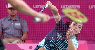 Brazilian Santos Tamirez faces Canada in a badminton doubles event held at the National Sports Village – VIDENA at the Lima 2019 Pan American Games
