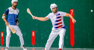 American player Agustín Brugues about to strike the ball during Basque pelota qualification match against Argentinian Pablo Fusto held at the Villa María del Triunfo Sports Center, at the Lima 2019 Pan American Games