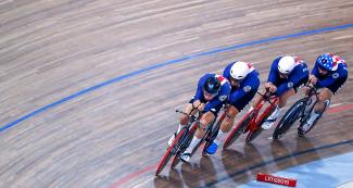 USA cycling team showcasing their skills in Lima 2019 men’s team pursuit event at the National Sports Village (VIDENA)