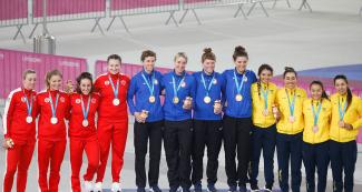 Magie Coles–Lyster, Erin Attwelll, Miriam Brouwer and Laurie Jassaume (silver); Christina Birch, Chloe Dygert, Kymberly Geist and Lily Williams (gold); and Lina Marcela Hernández, Jessica Parra, Lina Rojas, and Jannie Salcedo (bronze) in Lima 2019 cycling competition