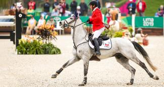 Ignacio Montesinos of Chile competes on his horse Cornetboy in the Lima 2019 jumping competition at the Army Equestrian School