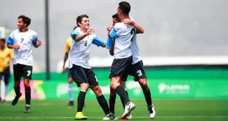 Argentinian Pablo Molina celebrates goal against Brazil in the Lima 2019 football 7-a-side final at the Villa María del Triunfo Sports Center.
