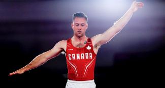 Jeremy Chartier de Canadá inicia su rutina de gimnasia en la competencia de trampolín de los Juegos Lima 2019 en el Polideportivo de Villa el Salvador
