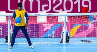 Brazil’s Leomon Da Silva controls the ball during the goalball match against Argentina at the Callao Regional Sports Village at Lima 2019.