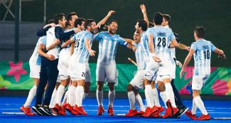Selección argentina de hockey masculino festeja obtención de Medalla de Oro, en los Juegos Lima 2019, en el Complejo Deportivo Villa Maria del Triunfo