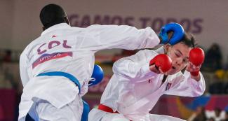 Colombian Carlos Sinisterra faces Mexican Alan Cuevas in the men’s karate 84 kg competition held at the Lima 2019 Villa El Salvador Sports Center.