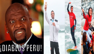 (Parodia) Terry Crews, conocido actor estadounidense, con expresión de sorpresa por el triunfo de tres surfistas peruanos
