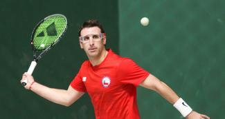 Chile’s Julian Gonzales competed in men’s doubles frontenis against the Argentinian pair at the Villa María del Triunfo Sports Center during the Lima 2019 Games