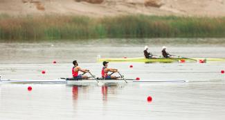 Cesar Abaroa and Elber Sanhuesa from Chile during the Lima 2019 Games lightweight double sculls at Albufera Medio Mundo - Huacho