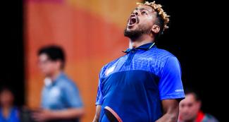 Cuban Jorge Campos’ reaction in the Lima 2019 table tennis mixed doubles competition against Argentina at the National Sports Village – VIDENA.