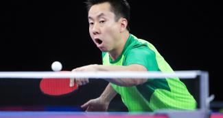 Brazilian Gustavo Tsuboi competes in the Lima 2019 table tennis mixed doubles competition against Venezuela at the National Sports Village – VIDENA.