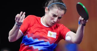  Camila Arguelles from Argentina faces off Cuba in the Lima 2019 Games mixed doubles competition at the National Sports Village – VIDENA.