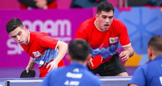 Horacio Sifuentes and Gastón Alto from Argentina competing against the Dominican duo in Lima 2019 men’s doubles table tennis semifinals at the National Sports Village (VIDENA)