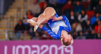 Jessica Stevens on the trampoline during the women’s individual final at Lima 2019held at the Villa El Salvador Sports Center