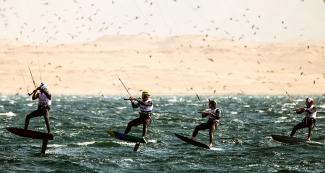 Athletes getting ready to compete in kiteboarding event held at the Paracas Bay, at Lima 2019