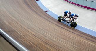 Lowell Taylor and his pilot Andrew Davidson in action during the Para cycling track competition at the National Sports Village – VIDENA, Lima 2019