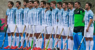  Argentinian hockey team before playing the quarterfinals against Peru at Villa María del Triunfo Sports Center