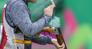 Phillip Jungman fro US getting ready to shoot in the Men’s Skeet competition at Las Palmas Air Base, Lima 2019 Games