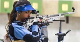 Fernanda Russo aiming at the target at the 10m mixed air rifle at the Lima 2019 Games in Las Palmas Air Base