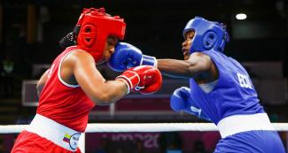 Colombian Jessica Caicedo faces off Ecuadorian Erika Pachito in the Lima 2019 women’s boxing event (69 – 75 kg) at the Callao Regional Sports Village.