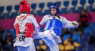 Juan Samorano from Argentina and Shiroy Renteria from Peru compete for the bronze in Lima 2019 men’s Para taekwondo K44 +75 kg at the Callao Regional Sports Village.