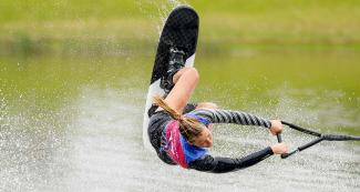 Rini McClintock from Canada competes fiercely in water ski at Laguna Bujama.