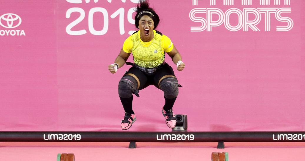 Ecuadorian Tamara Salazar leaps for joy after winning the bronze at Lima 2019
