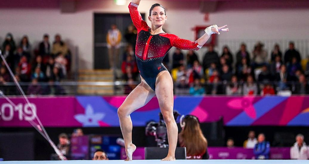 Sandra Collantes performs her gymnastics routine at Lima 2019 in Villa El Salvador Sports Center