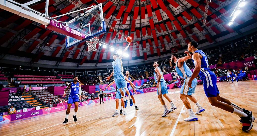 Uruguay and the Dominican Republic 5x5 basketball teams competing at the Eduardo Dibós Coliseum at Lima 2019 Pan American Games
