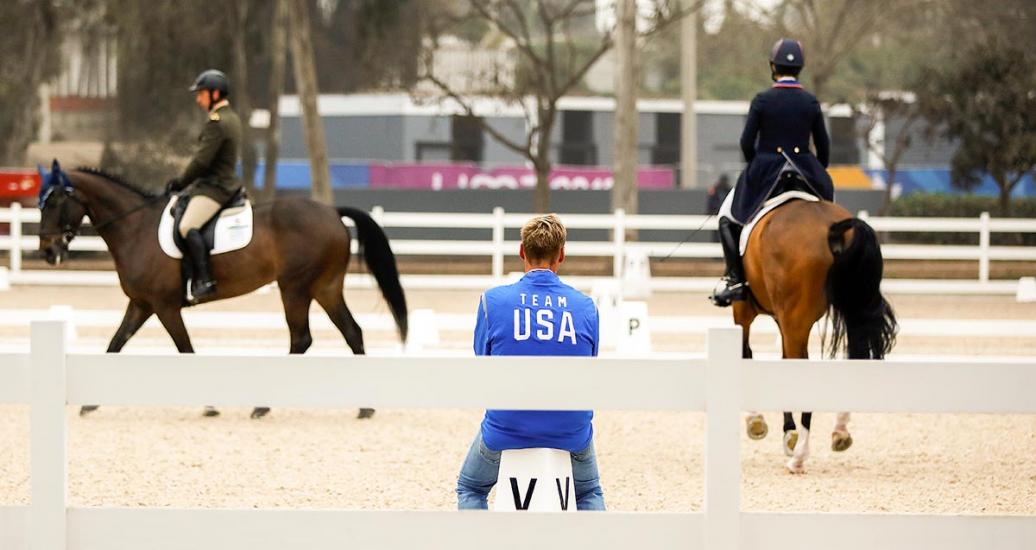 Riders from different countries on their horses in the Lima 2019 Pan American Games dressage event, held at the Army Equestrian School