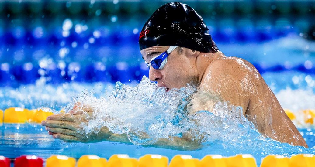 The Colombian Para swimmer Daniel Correa competes in the Lima 2019 men’s 100-m breaststroke SB12 event at the National Sports Village - VIDENA