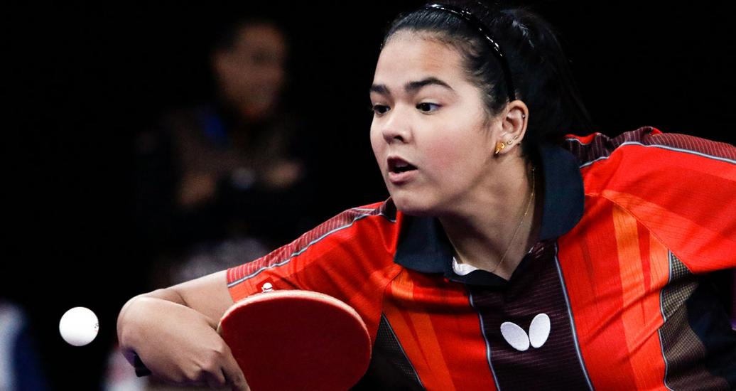 Melanie Díaz of Puerto Rico returns the ball in the table tennis match against Cuba of the Lima 2019 Games at the National Sports Village – VIDENA