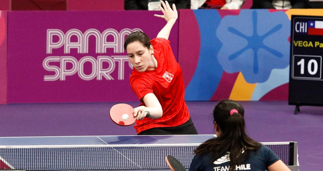Angela Mori of Peru and Paulina Vega of Chile face off in the Lima 2019 table tennis competition at the National Sports Village – VIDENA